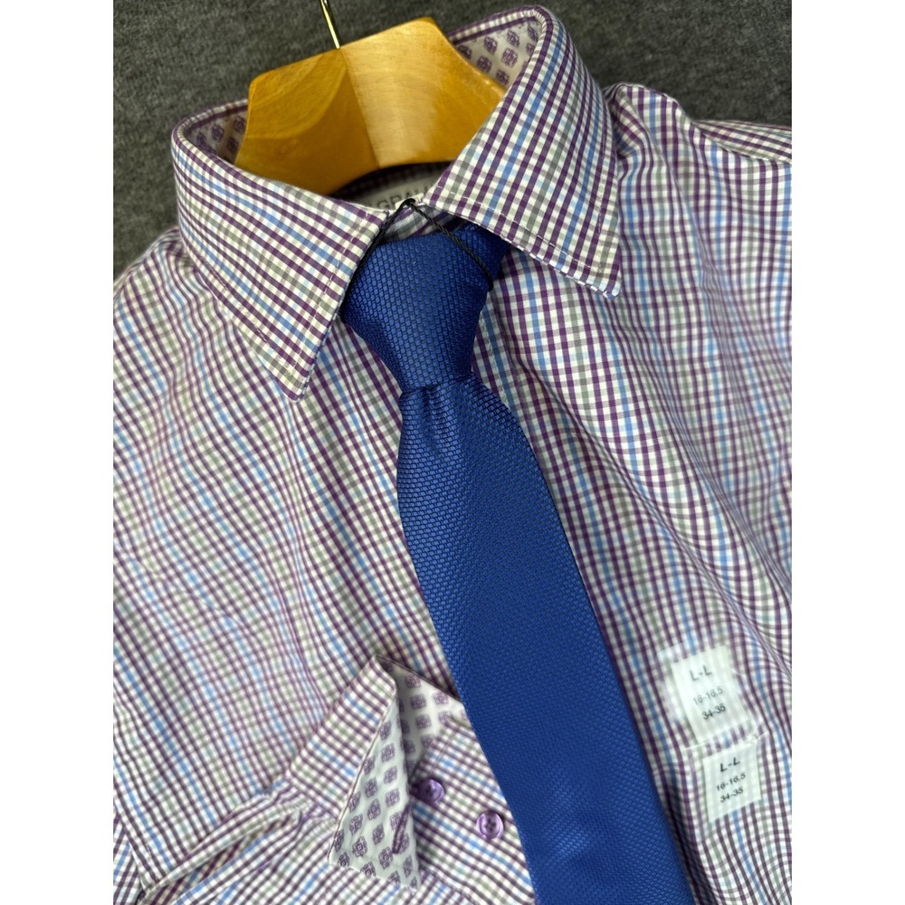 Nick Graham Men L Modern Fit Stretch Dress Shirt & Tie Set Purple Check 16 34-35